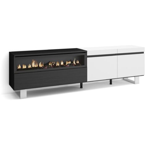 Skraut Home - Mobile TV Soggiorno, Ampio spazio a disposizione, 200x57x35cm, Per TV fino a 80", Camino elettrico, Design industriale, Stile moderno, Bianco e nero (1/5)