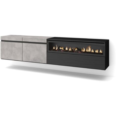 Skraut Home - Mobile TV Soggiorno, Ampio spazio a disposizione, 200x45x35cm, Per TV fino a 80", Camino elettrico, Sospeso, da appendere, Stile moderno, Grigio Cemento (1/5)