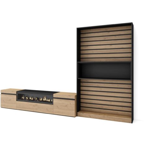 Skraut Home - Mobile Soggiorno TV, Parete Attrezzata Soggiorno, 310x186x35cm, Per TV fino a 80", Camino elettrico, Stile moderno, Rovere e nero (1/5)