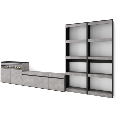 Skraut Home - Mobile Soggiorno TV, Parete Attrezzata Soggiorno, 370x186x35cm, Per TV fino a 65", Camino elettrico, Stile moderno, Grigio Cemento (1/5)