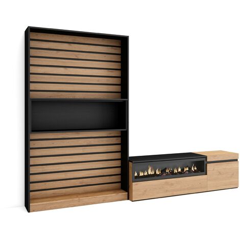 Skraut Home - Mobile Soggiorno TV, Parete Attrezzata Soggiorno, 260x186x35cm, Per TV fino a 65", Camino elettrico, Stile moderno, Rovere e nero (1/5)