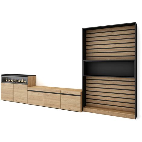 Skraut Home - Mobile Soggiorno TV, Parete Attrezzata Soggiorno, 360x186x35cm, Per TV fino a 65", Camino elettrico, Stile moderno, Rovere e nero (1/5)