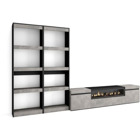 Skraut Home - Mobile Soggiorno TV, Parete Attrezzata Soggiorno, 320x186x35cm, Per TV fino a 80", Camino elettrico, Stile moderno, Grigio Cemento (1/5)