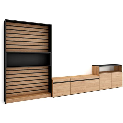 Skraut Home - Mobile Soggiorno TV, Parete Attrezzata Soggiorno, 360x186x35cm, Per TV fino a 65", Set di mobili, Stile moderno, Rovere e nero