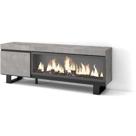 Skraut Home - Mobile TV Soggiorno, Ampio spazio a disposizione, 160, Per TV fino a 65", Camino elettrico XXL, Design industriale, Stile moderno, Grigio Cemento (1/5)