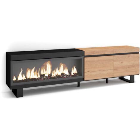 Skraut Home - Mobile TV Soggiorno, Ampio spazio a disposizione, 210, Per TV fino a 80", Camino elettrico XXL, Design industriale, Stile moderno, Rovere e nero (1/5)