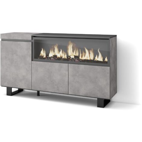 Credenza Design Industriale Con Camino Elettrico LED - 4 Porte, Colore Cemento, Piedi Legno - Foto 5
