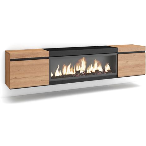 Skraut Home - Mobile TV Soggiorno, Ampio spazio a disposizione, 210, Per TV fino a 80", Camino elettrico XXL, Sospeso, da appendere, Stile moderno, Rovere e nero (1/5)