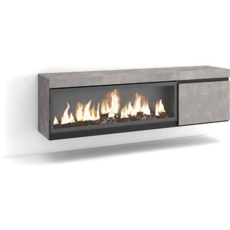 Skraut Home - Mobile TV Soggiorno, Ampio spazio a disposizione, 160, Per TV fino a 65", Camino elettrico XXL, Sospeso, da appendere, Stile moderno, Grigio Cemento (1/5)