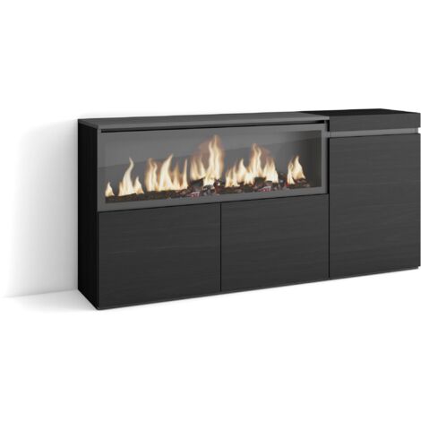 Skraut Home - Credenza, Mobile, Cucina, Madia, mobile ingresso, 160, 3 Porte, Camino elettrico XXL, Stile moderno, Nero