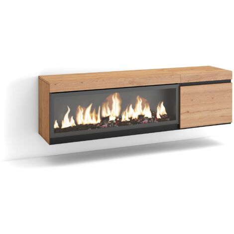 Skraut Home - Mobile TV Soggiorno, Ampio spazio a disposizione, 160, Per TV fino a 65", Camino elettrico XXL, Sospeso, da appendere, Stile moderno, Rovere (1/5)