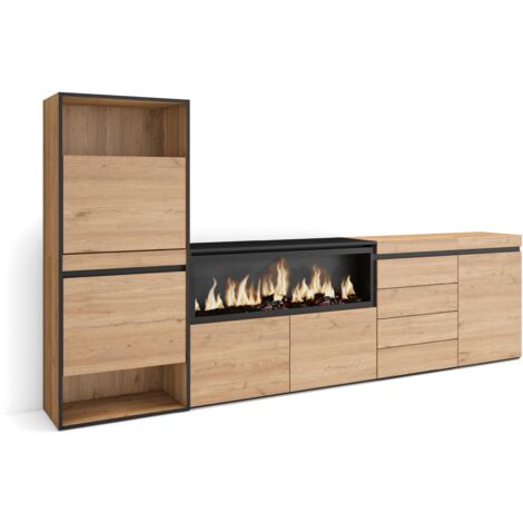 Skraut Home - Scarpiera, Mobile Salvaspazio, 274x145x35 cm, Camera da letto, stanza, Camino elettrico XXL, Cassettiera, Stile moderno, Rovere (1/5)