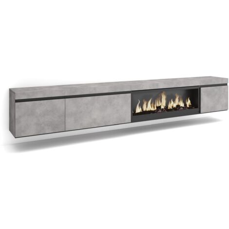 Skraut Home - Mobile TV Soggiorno, Ampio spazio a disposizione, 288x45x35 cm, TV di grande formato, Camino elettrico XXL, Sospeso, da appendere, Stile moderno, Grigio Cemento (1/5)