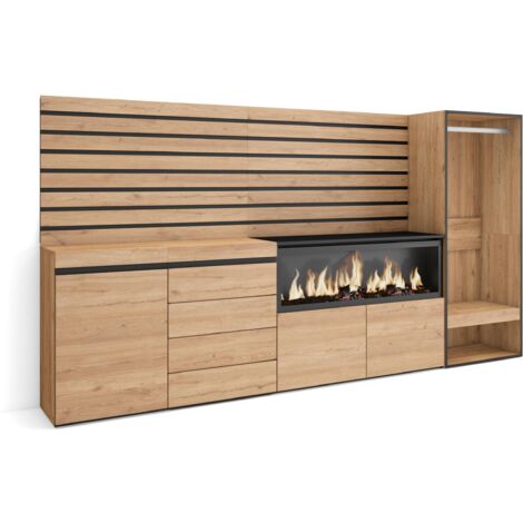 Skraut Home - Credenza, Mobile, Buffet, Stoccaggio, 274x145x35 cm, Camera da letto, stanza, Camino elettrico XXL, Cassettiera, Armadio Aperto, Stile moderno, Rovere (1/5)