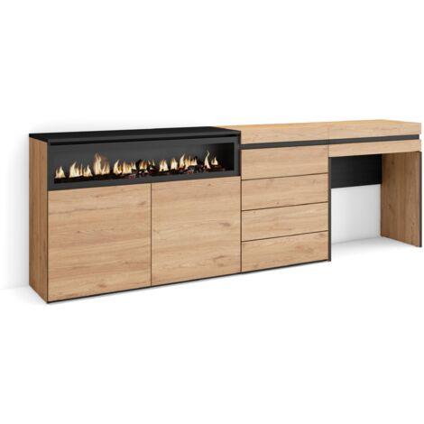 Skraut Home - Credenza, Mobile, Buffet, Stoccaggio, 227x75x35 cm, Camera da letto, stanza, Camino elettrico, Cassettiera, Tavolo da toeletta, Stile moderno, Rovere (1/5)
