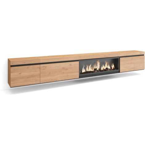 Skraut Home - Mobile TV Soggiorno, Ampio spazio a disposizione, 317x45x35 cm, Camino elettrico XXL, Sospeso, da appendere, Stile moderno, Rovere (1/5)