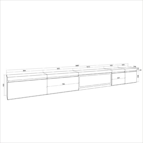 Skraut Home Mobile TV Con Camino Elettrico XXL – 368x45x35 Cm, Stile Moderno In Rovere, Sospeso E Con Ampio Stoccaggio