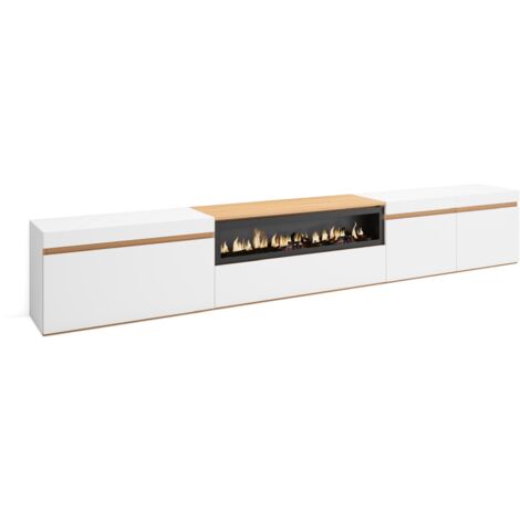 Skraut Home - Mobile TV Soggiorno, Ampio spazio a disposizione, 288x35x45 cm, TV di grande formato, Camino elettrico, Stile moderno, Bianco e Rovere soft (1/5)