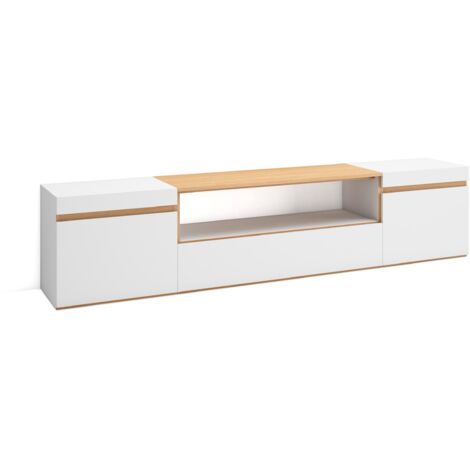 Skraut Home - Mobile TV Soggiorno, Ampio spazio a disposizione, 200x35x45cm, Per TV fino a 80", Mobile Soggiorno, Stile moderno, Bianco e Rovere soft