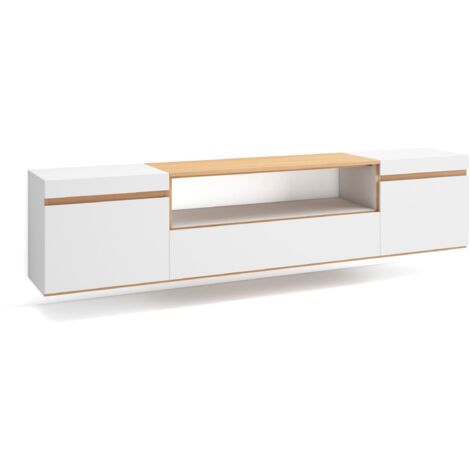 Skraut Home - Mobile TV Soggiorno, Ampio spazio a disposizione, 200x35x45cm, Per TV fino a 80", Sospeso, da appendere, Stile moderno, Bianco e Rovere soft