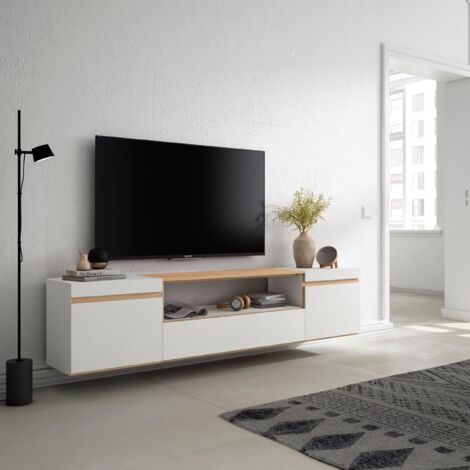 Mobile TV Soggiorno Skraut Home - Con Camino Elettrico LED, Bianco E Rovere, 200x45x35 Cm