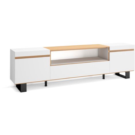 Skraut Home - Mobile TV Soggiorno, Ampio spazio a disposizione, 200x35x57cm, Per TV fino a 80", Design industriale, Stile moderno, Bianco e Rovere soft