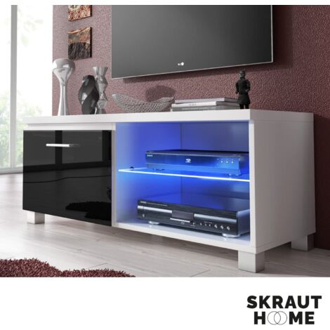 Mobile TV Skraut Home - 150x42x40cm, Con Luci LED, Per TV Fino A 65", Ripiano In Vetro, Bianco/Nero - Foto 7