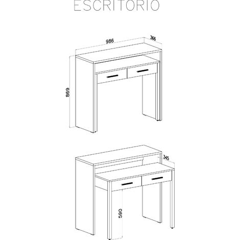 Skraut Home - Tavolo allungabile da scrivania, console da studio per ordinatore, 2 cassetti, finitura bianco, misure: 98,6x86,9x36-70 cm di profondità