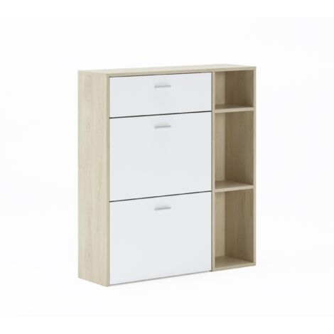 Skraut Home - Portascarpe WIND, colore struttura Puccini, colore Bianco nelle 2 porte basculanti e nel cassetto, misura 90x26x101,5cm di altezza.
