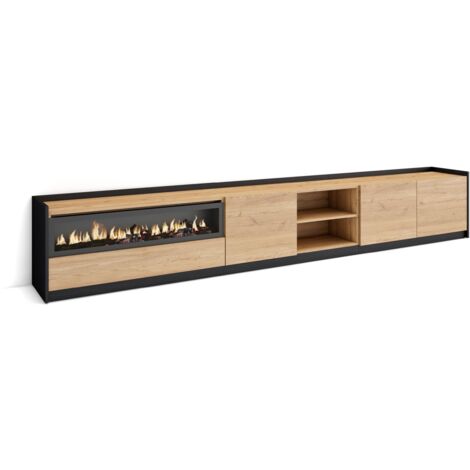 Skraut Home - Mobile TV Soggiorno, 310x37x50cm, Per TV fino a 80", Camino elettrico, Rovere e nero (1/5)