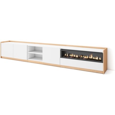 Skraut Home - Mobile TV Soggiorno, 310x37x50cm, Per TV fino a 80", Camino elettrico, Bianco e Rovere soft (1/5)