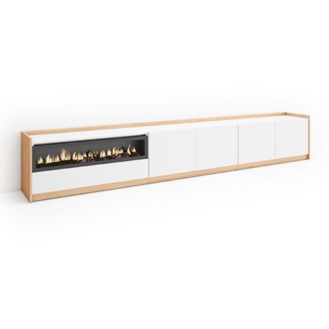 Skraut Home - Mobile TV Soggiorno, 310x37x50cm, Per TV fino a 80", Camino elettrico, Bianco e Rovere soft (1/5)