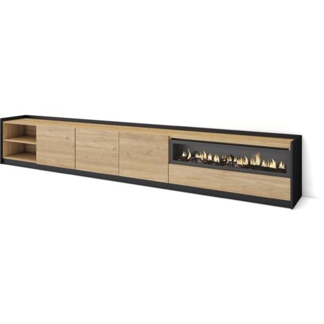 Skraut Home - Mobile TV Soggiorno, 310x37x50cm, Per TV fino a 80", Camino elettrico, Rovere e nero (1/5)