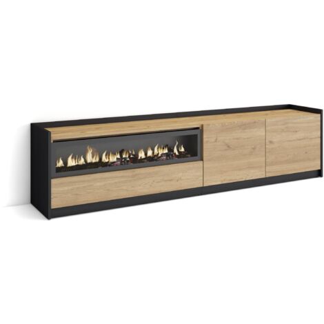 Skraut Home - Mobile TV Soggiorno, 207x37x50cm, Per TV fino a 80", Camino elettrico, Rovere e nero (1/5)