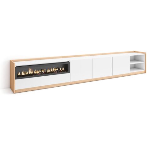 Skraut Home - Mobile TV Soggiorno, 310x37x50cm, Per TV fino a 80", Camino elettrico, Bianco e Rovere soft (1/5)