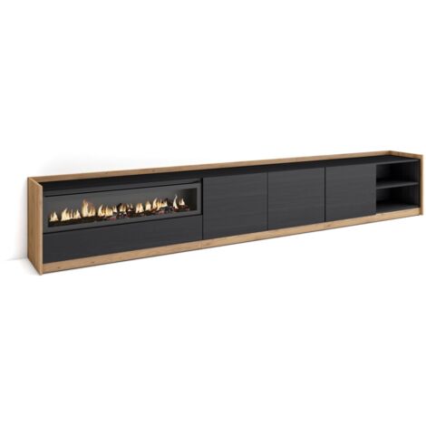 Skraut Home - Mobile TV Soggiorno, 310x37x50cm, Per TV fino a 80", Camino elettrico, Nero e rovere (1/5)