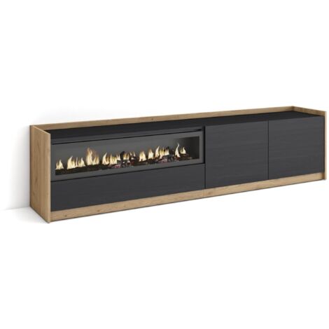 Skraut Home - Mobile TV Soggiorno, 207x37x50cm, Per TV fino a 80", Camino elettrico, Nero e rovere (1/5)
