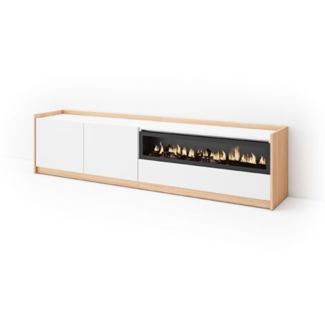 Skraut Home - Mobile TV Soggiorno, 207x37x50cm, Per TV fino a 80", Camino elettrico, Bianco e Rovere soft (1/5)