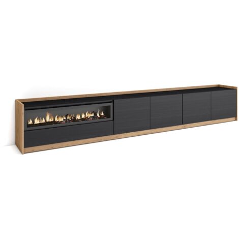 Skraut Home - Mobile TV Soggiorno, 310x37x50cm, Per TV fino a 80", Camino elettrico, Nero e rovere (1/5)