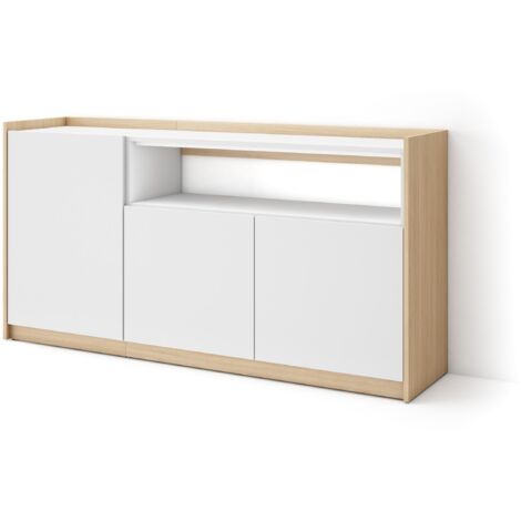 Skraut Home - Credenza, Mobile, Cucina, Madia, 156x37x80cm, 3 Porte, Bianco e Rovere soft (1/5)
