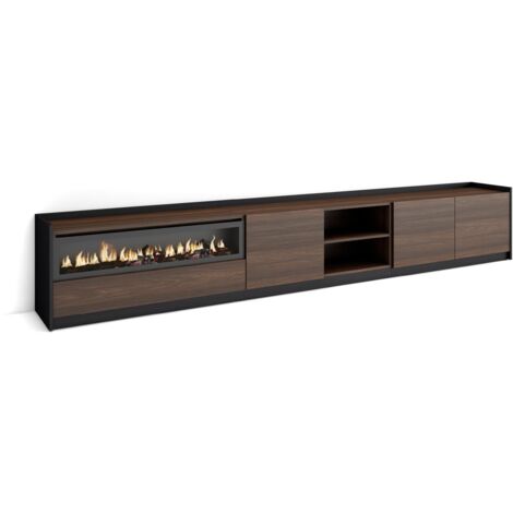 Skraut Home - Mobile TV Soggiorno, 310x37x50cm, Per TV fino a 80", Camino elettrico, Rovere scuro e Nero (1/5)