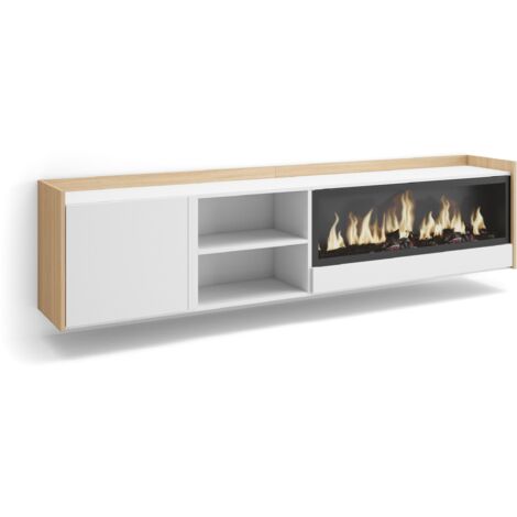 Skraut Home - Mobile TV Soggiorno, Ampio spazio a disposizione, 212x35x50cm, Per TV fino a 80", Camino elettrico XXL, Sospeso, da appendere, Stile moderno, Bianco e Rovere soft (1/5)