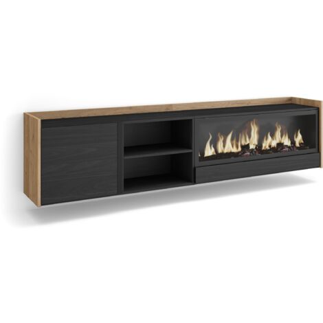 Skraut Home - Mobile TV Soggiorno, Ampio spazio a disposizione, 212x35x50cm, Per TV fino a 80", Camino elettrico XXL, Sospeso, da appendere, Stile moderno, Nero e rovere (1/5)