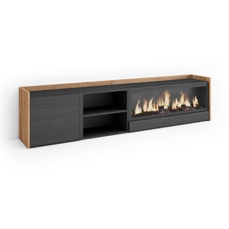Skraut Home - Mobile TV Soggiorno, Ampio spazio a disposizione, 212x35x50cm, Per TV fino a 80", Camino elettrico XXL, Stile moderno, Nero e rovere (1/5)