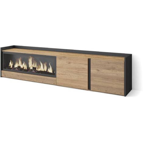 Skraut Home - Mobile TV Soggiorno, Ampio spazio a disposizione, 212x35x50cm, Per TV fino a 80", Camino elettrico XXL, Stile moderno, Rovere e nero (1/5)