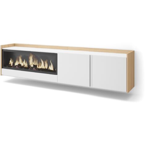 Skraut Home - Mobile TV Soggiorno, Ampio spazio a disposizione, 212x35x50cm, Per TV fino a 80", Camino elettrico XXL, Sospeso, da appendere, Stile moderno, Bianco e Rovere soft (1/5)