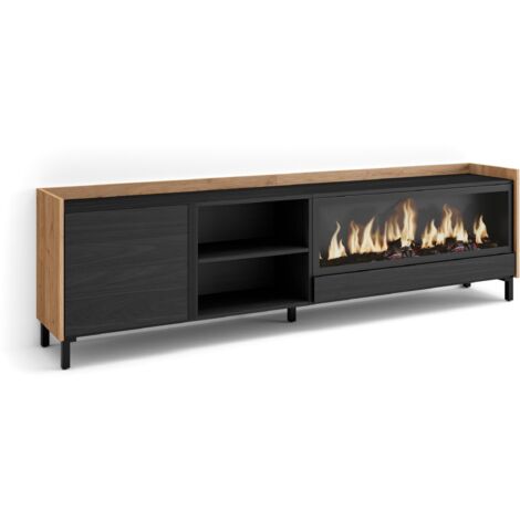 Skraut Home - Mobile TV Soggiorno, Ampio spazio a disposizione, 212x35x61cm, Per TV fino a 80", Camino elettrico XXL, Design industriale, Stile moderno, Nero e rovere (1/5)