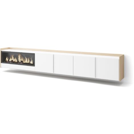 Skraut Home - Mobile TV Soggiorno, Ampio spazio a disposizione, 315x35x50cm, Per TV fino a 80", Camino elettrico XXL, Sospeso, da appendere, Stile moderno, Bianco e Rovere soft (1/5)