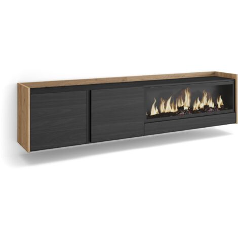 Skraut Home - Mobile TV Soggiorno, Ampio spazio a disposizione, 212x35x50cm, Per TV fino a 80", Camino elettrico XXL, Sospeso, da appendere, Stile moderno, Nero e rovere (1/5)