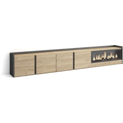 Skraut Home - Mobile TV Soggiorno, Ampio spazio a disposizione, 315x35x50cm, Per TV fino a 80", Camino elettrico XXL, Stile moderno, Rovere e nero (1/5)